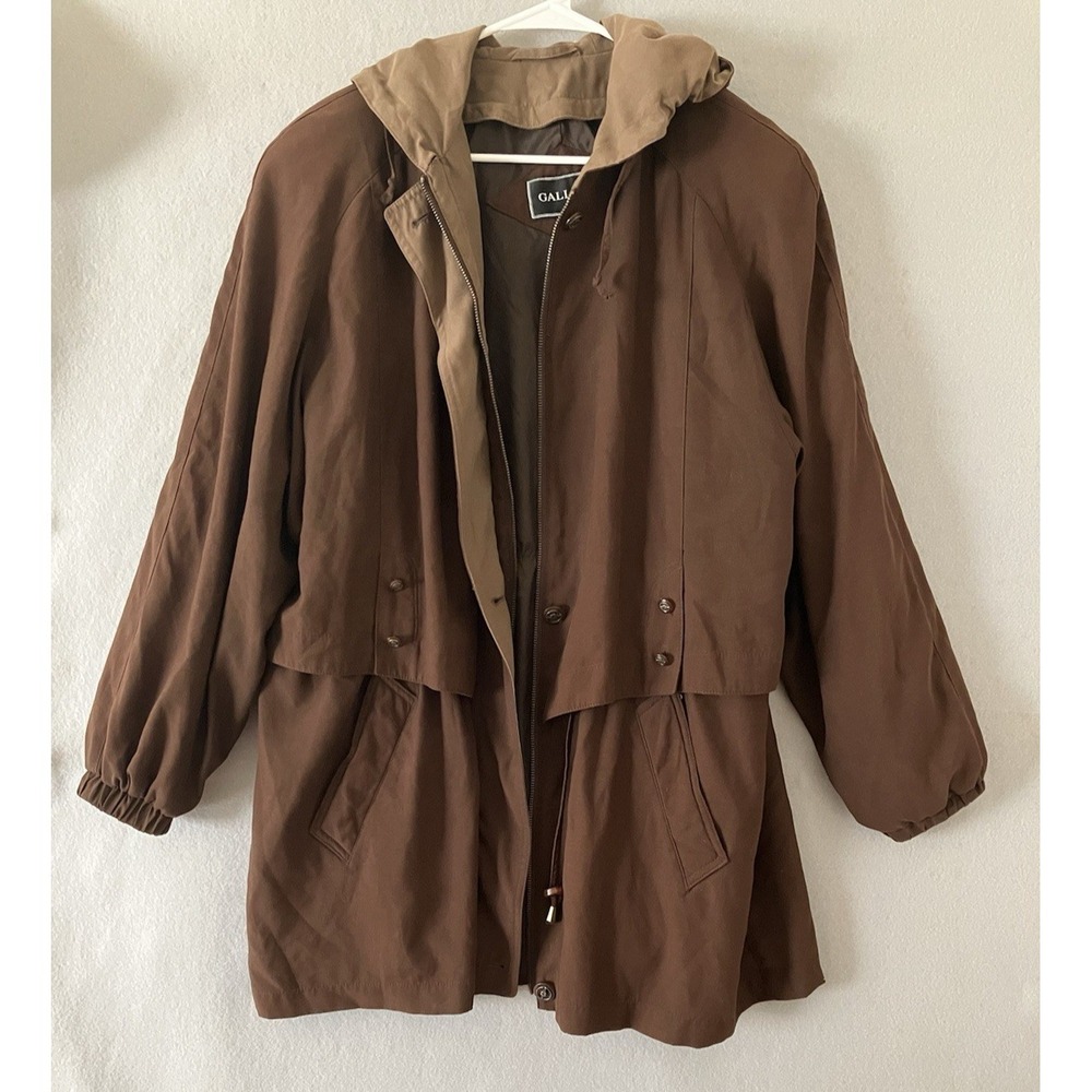 Gallery Brown Utility Anorakn Jacket Barn Coat Hooded Cinched Waist Women's (L)